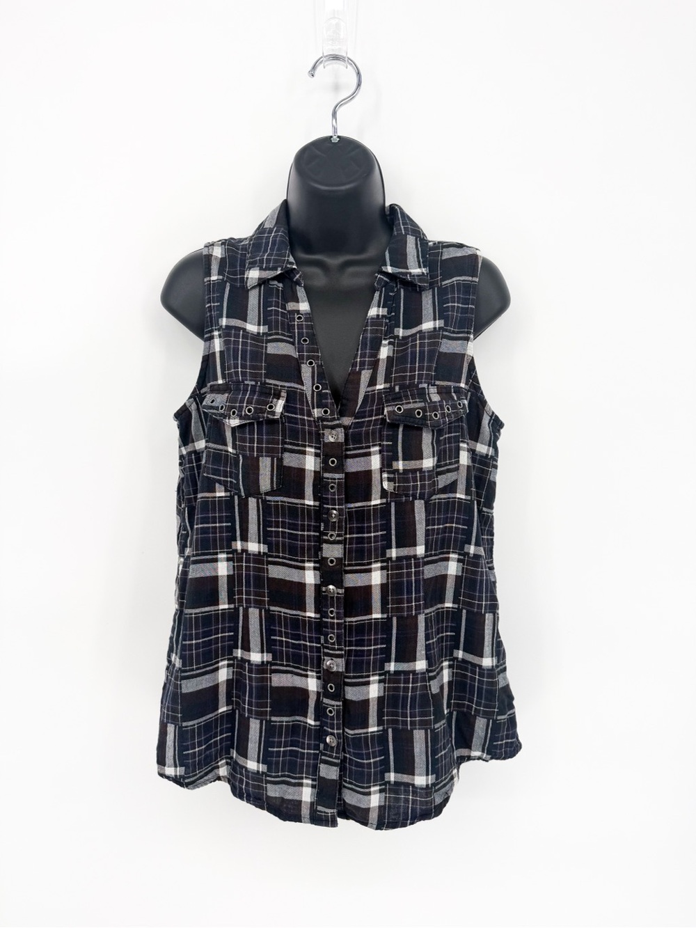 Rock & Republic Sleeveless Plaid Button Down Top Patchwork Grommet Small